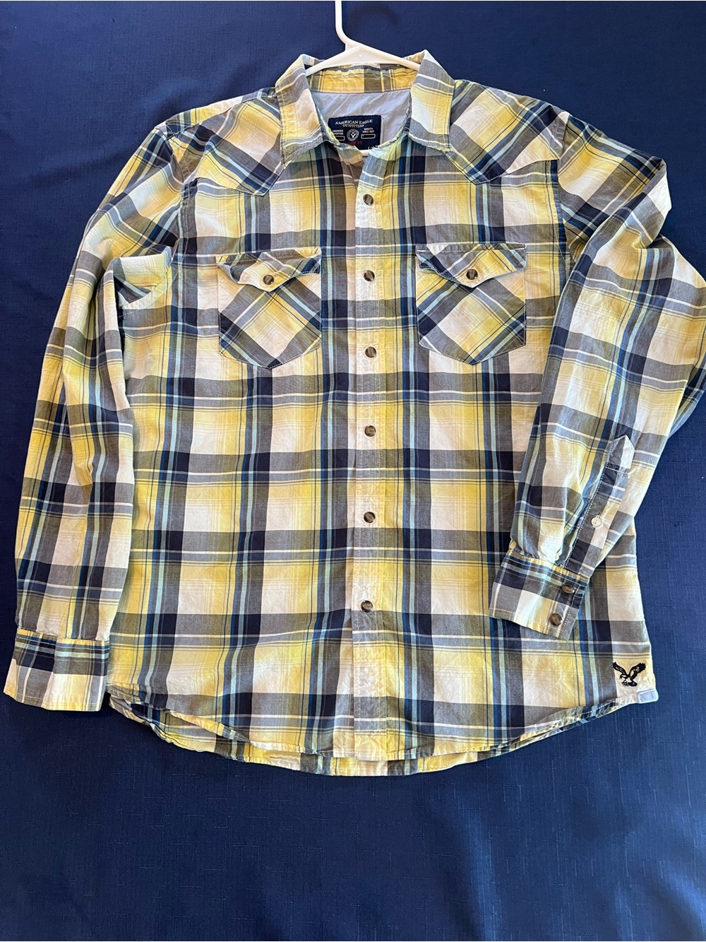 American Eagle Outfitters Yellow and Navy Plaid Button-Down Shirt